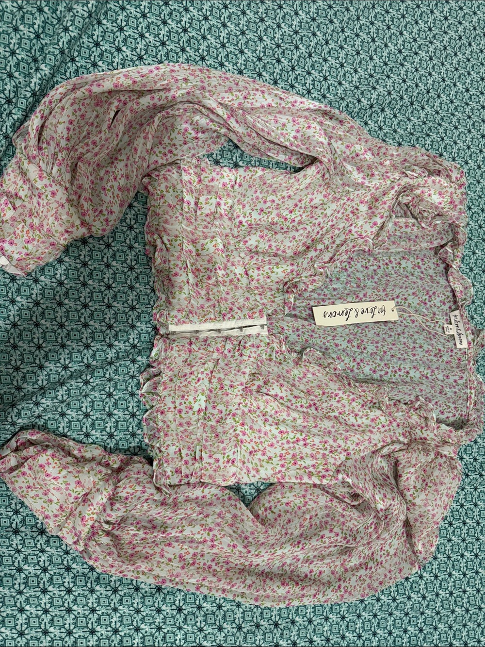 For Love & Lemons Cream Pink Floral Ruffle-Front Blouse